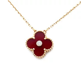 CLOVER NECKLACE GOLD DIAMOND CARNELIAN