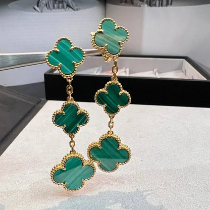 CLOVER MALACHITE 3 MOTIFS GOLD EARRINGS