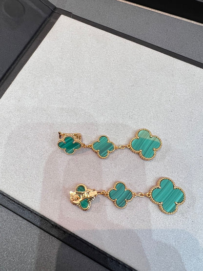 CLOVER MALACHITE 3 MOTIFS GOLD EARRINGS