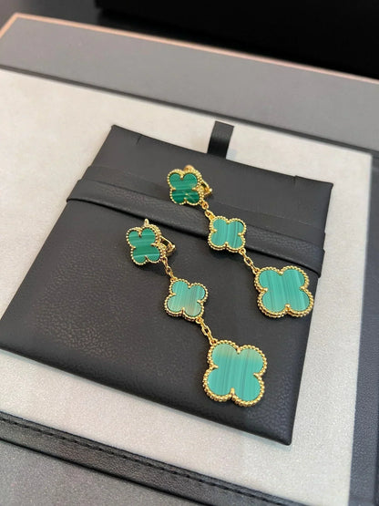 CLOVER MALACHITE 3 MOTIFS GOLD EARRINGS