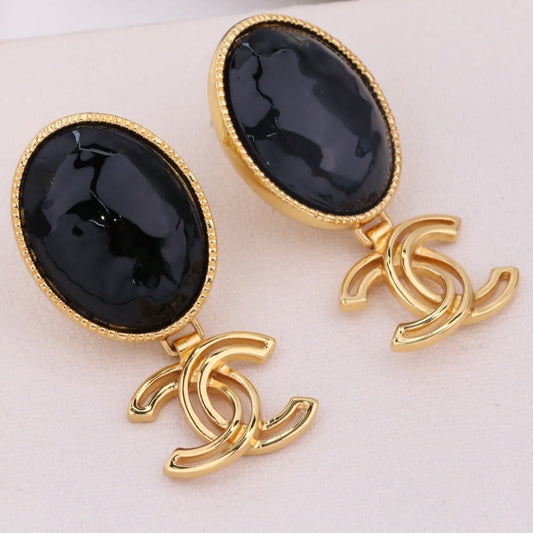 DOUBLE C GOLD BLACK DROP EARRINGS