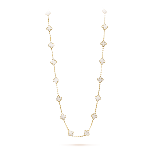 CLOVER 20 MOTIFS WHITE MOP GOLD NECKLACE