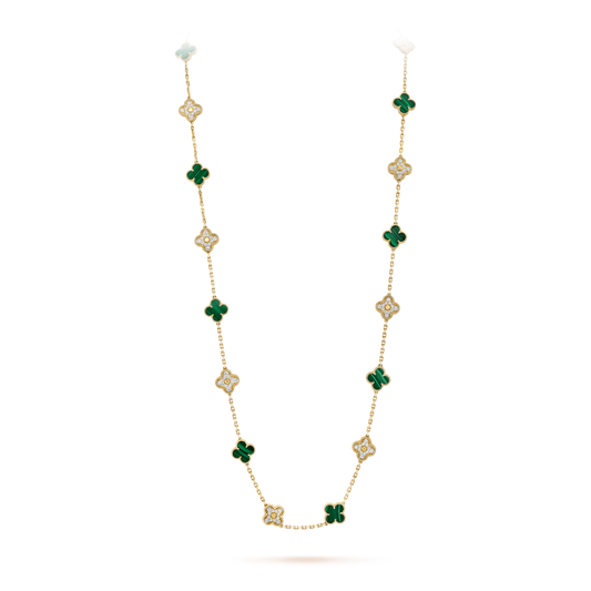 CLOVER 20 MOTIFS MALACHITE DIAMOND GOLD NECKLACE