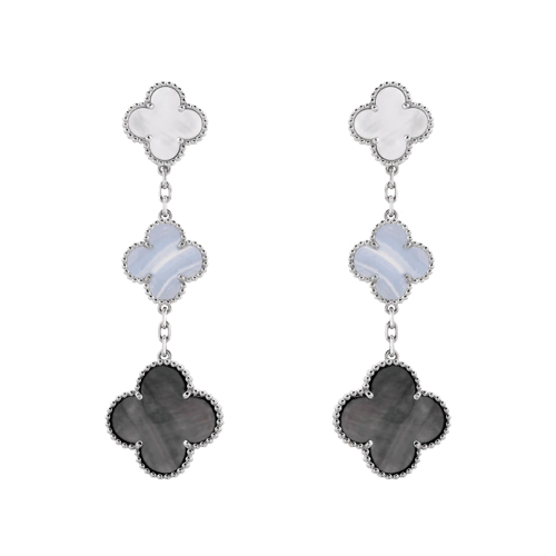 CLOVER 3 MOTIFS CHALCEDONY DARK MOP SILVER EARRINGS