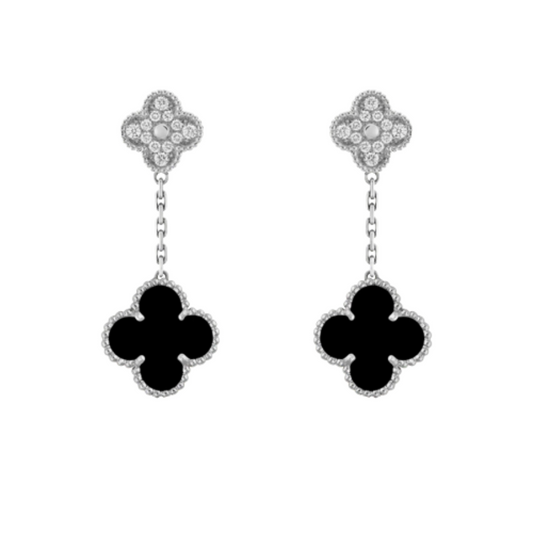 CLOVER 2 MOTIFS SILVER DIAMOND ONYX EARRINGS