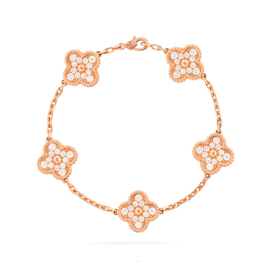 CLOVER 5 MOTIFS PINK GOLD DIAMOND BRACELET